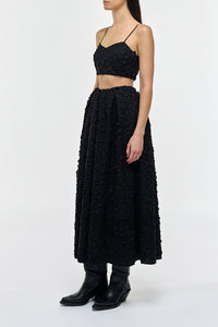 Zelia Embroidered Leaves Maxi Skirt in Black Linen