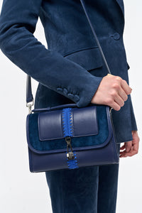 Small Leonora Flap Embroidered Bag in Electric Navy & Cobalt Nappa Leather
