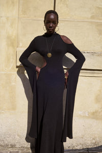 Daya Cutout Knit Hoodie Maxi Dress in Black Mulberry Silk