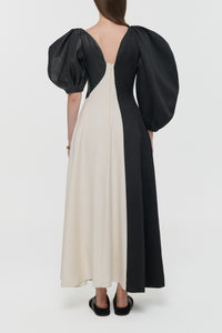 Sephir Maxi Dress In Ivory Silk Wool Cady & Black Linen Slub & Leather