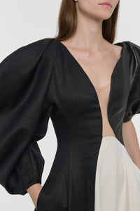 Sephir Maxi Dress In Ivory Silk Wool Cady & Black Linen Slub & Leather