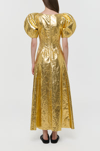 Ranya Puff Sleeve Maxi Dress in Metallic Gold Linen Twill