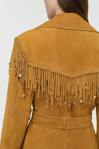 Thaniel Fringe Trench Coat in Cashew Suede with Charms