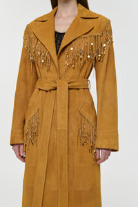 Thaniel Fringe Trench Coat in Cashew Suede with Charms