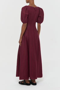 Ranya Puff Sleeve Maxi Dress in Bordeaux Linen Twill