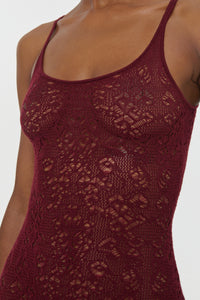 Meridian Lace Knit Maxi Dress in Bordeaux Merino Wool with Lining