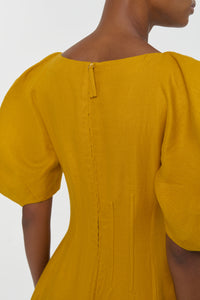 Ranya Puff Sleeve Maxi Dress in Golden Birch Linen Twill