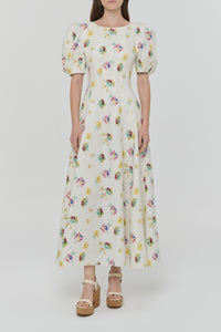 Ranya Puff Sleeve Mia's Flowers Maxi Dress in Ivory Multi Printed Linen Twill