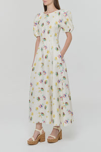 Ranya Puff Sleeve Mia's Flowers Maxi Dress in Ivory Multi Printed Linen Twill