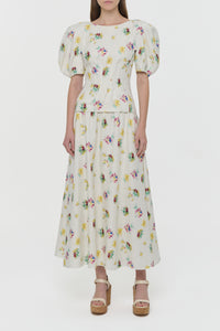 Ayelet Puff Sleeve Mia's Flowers Top in Ivory Multi Printed Linen Twill