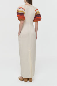 Nomo Crochet Puff Sleeve Maxi Dress in Ivory Textured Linen Twill