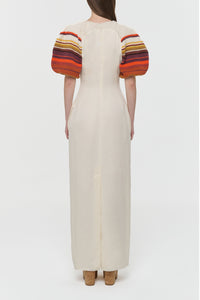 Nomo Crochet Puff Sleeve Maxi Dress in Ivory Textured Linen Twill