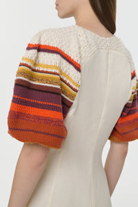 Nomo Crochet Puff Sleeve Maxi Dress in Ivory Textured Linen Twill