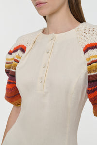 Nomo Crochet Puff Sleeve Maxi Dress in Ivory Textured Linen Twill