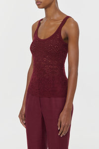 Cyrinne Lace Knit Tank Top in Bordeaux Merino Wool
