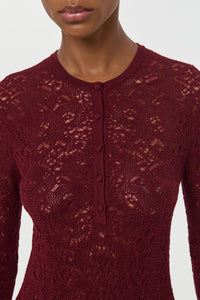 Gaviran Lace Knit Henley in Bordeaux Merino Wool