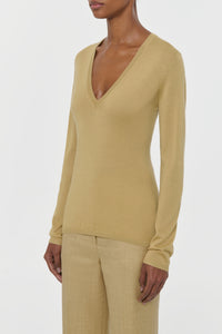 Clementia Knit V-Neck Sweater in Hay Cashmere Silk