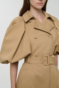 Aeon Puff Sleeve Trench Coat in Camel Sea Island Cotton Twill