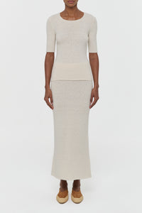 Off White Silk Knit T-Shirt and Skirt Set - Front On Model | Gabriela Hearst