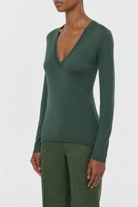 Clementia Knit V-Neck Sweater in Olive Cashmere Silk