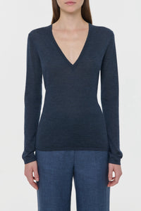 Clementia Knit V-Neck Sweater in Denim Cashmere Silk