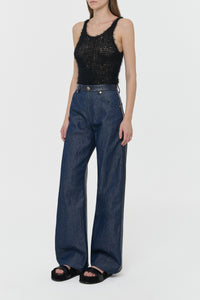 Lucian Barrel-leg Jean in Indigo Blue Recycled Cotton Linen Denim & Textured Leather