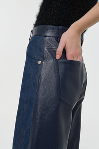 Lucian Barrel-leg Jean in Indigo Blue Recycled Cotton Linen Denim & Textured Leather