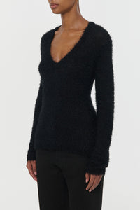 Neoma Knit V-Neck Sweater in Black Silk Cashmere