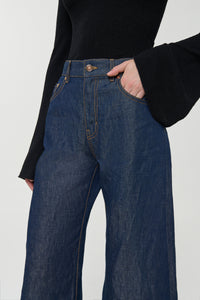 Amoret Barrel-leg Jean in Indigo Blue Recycled Cotton Linen Denim