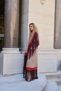 Egret Fringe Scarf in Camel Double-face Recycled Cashmere with Silk Macrame
