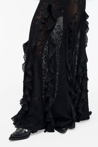 Garnet Pointelle Knit Lace Skirt in Black Silk Merino Wool with Custom Ruffles