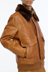 Grant Bomber Jacket in Cognac Vachetta Leather with Recycled Fur Collar