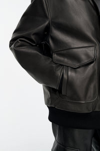 Grant Bomber Jacket in Black Leather with Shearling Collar