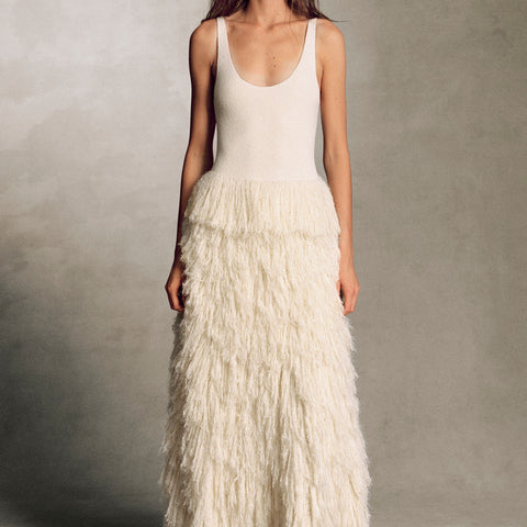 Elianor Fringe Knit Dress in Off White