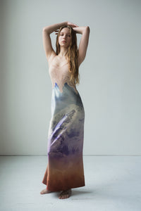 Adolphine Slip Maxi Dress in Mountain Printed Satin Silk Twill