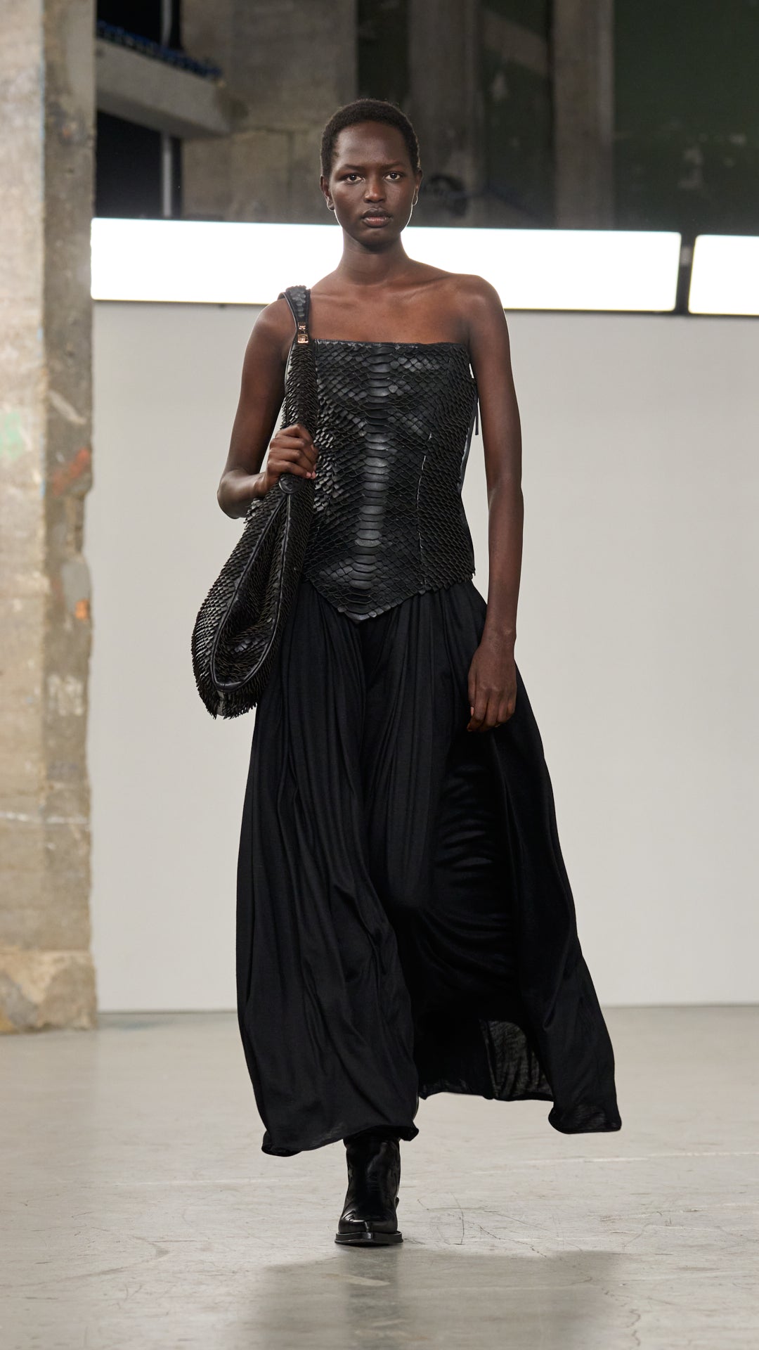 Estrid Strapless Dress in Black Leather Snake Scales