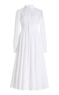 Dewi Pleated Maxi Shirtdress in White Aloe Linen