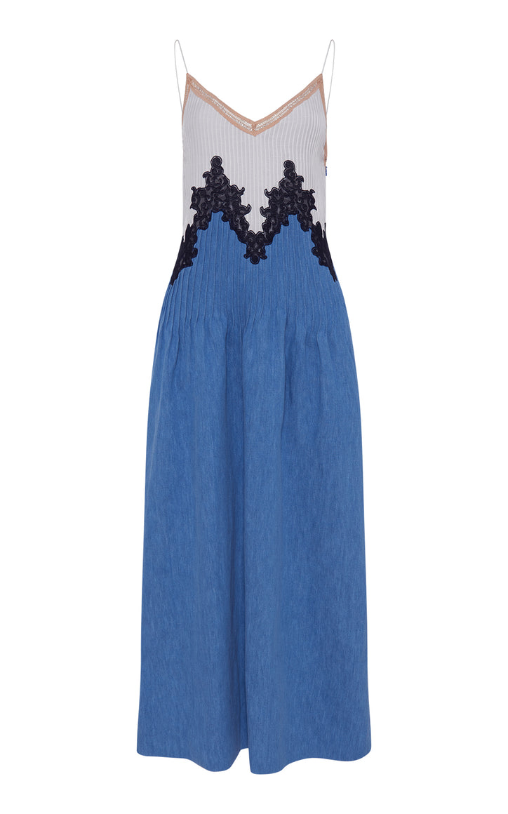 Althea Lace Slip Maxi Dress in Light Blue Recycled Cotton Linen Denim