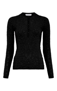 Gaviran Lace Knit Henley in Black Merino Wool