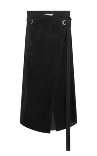 Idalia Wrap Midi Skirt in Black Suede