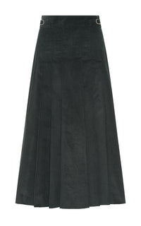 Wesley Pleated Midi Skirt in English Green Sea Island Cotton Corduroy