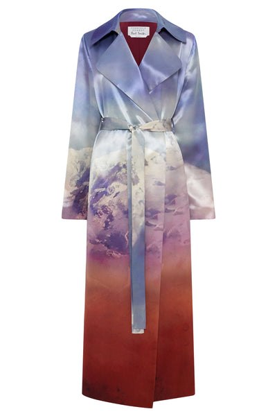 Lyra Trench Coat in Mountain Printed Satin Silk Twill – Gabriela