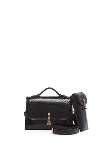 Small Leonora Flap Bag in Black Snakeskin with Sunglasses Pouch