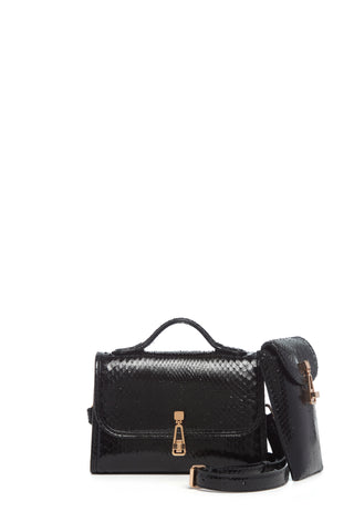 Small Leonora Flap Bag in Black Snakeskin with Sunglasses Pouch