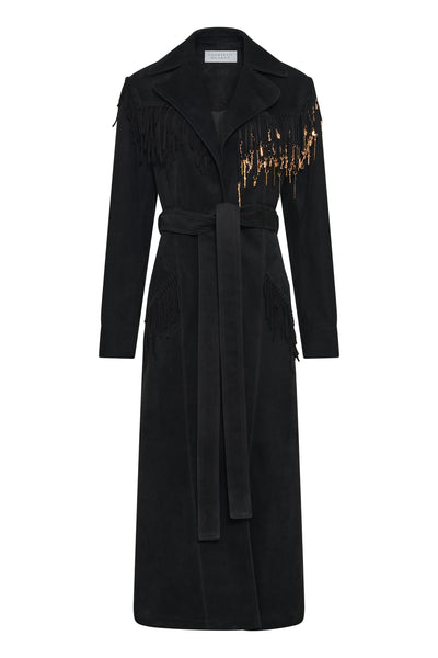 ❤️レア❗️TFW49『HANDSFREE COAT』❤️1piu1uguale3 Thaniel Women's Black Suede Fringe Trench Coat | Gabriela Hearst