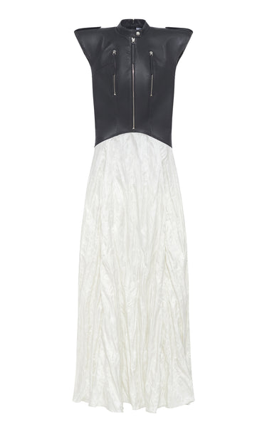 Athena Moto Midi Dress in Black Leather & Ivory Metallic Crinkled