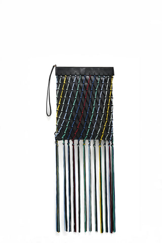 Naila Fringe Pouch in Black Multi Nappa Leather & Silk Macrame