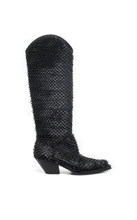Capitana Cowboy Boot in Black Leather Snake Scales