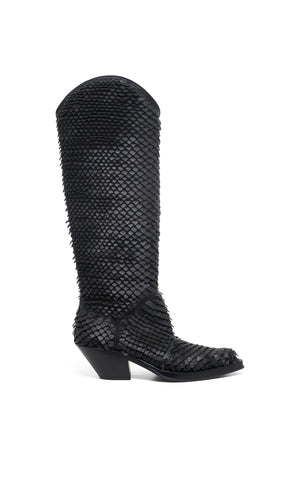 Capitana Cowboy Boot in Black Leather Snake Scales