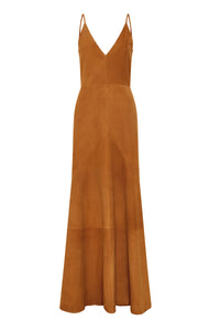 Brigita Slip Maxi Dress in Cashew Suede